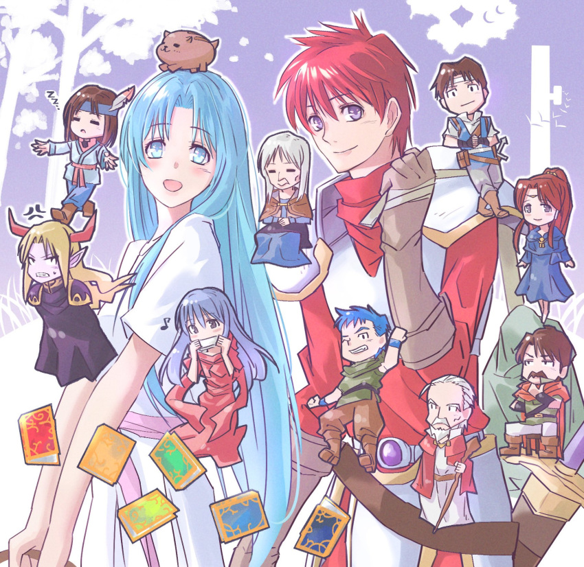 4girls, 6+boys, =_=, adol_christin, ancient_ys_vanished, anger_vein, armor, blonde_hair