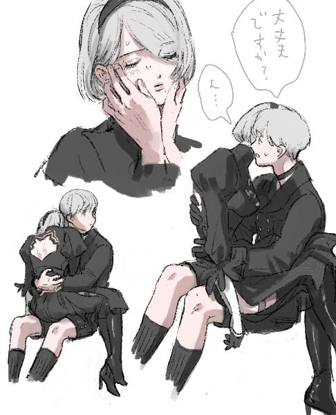 1boy, 1girl, 2b_(nier:automata), 9s_(nier:automata), back_cutout, black_choker, black_dress, black_footwear