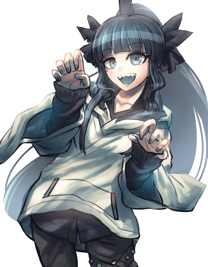 1girl, artemis_of_the_blue, atelier_live, black_hair, black_pants, blue_nails, blue_tongue, claw_pose