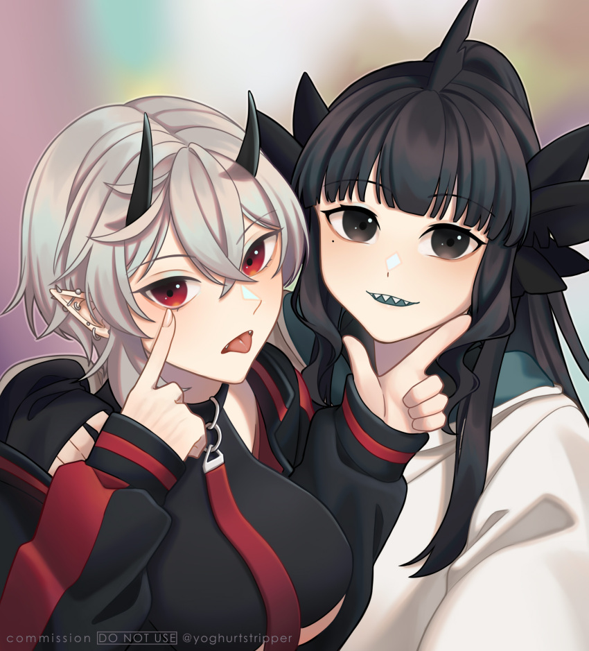 2girls, artemis_of_the_blue, artist_name, atelier_live, black_choker, black_eyes, black_hair, black_horns