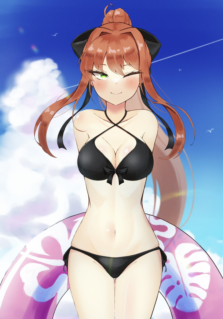 1girl, arms_behind_back, bikini, black_bikini, black_ribbon, blue_sky, blush, breasts, brown_hair, clouds, criss-cross_halter, green_eyes, hair_intakes, halterneck, highres, long_hair, medium_breasts, miham_moni, monika_(doki_doki_literature_club), navel, one_eye_closed, ponytail, ribbon, sky, swim_ring, swimsuit, very_long_hair