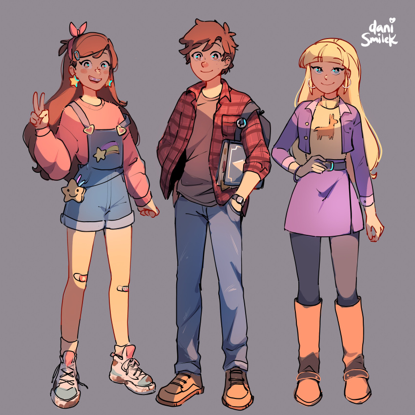 1boy, 2girls, absurdres, aged_up, artist_name, backpack, bag, bandaid