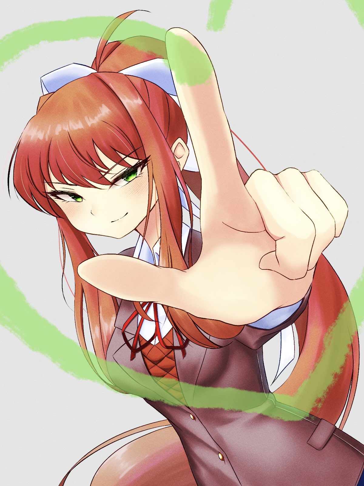 1girl, blazer, breasts, brown_hair, cowboy_shot, doki_doki_literature_club, drawing_on_fourth_wall, green_eyes, grey_background, hair_intakes, heart, highres, index_finger_raised, jacket, long_hair, medium_breasts, miham_moni, mikaze, monika_(doki_doki_literature_club), ponytail, ribbon, school_uniform, shirt, smirk, very_long_hair, white_ribbon, white_shirt