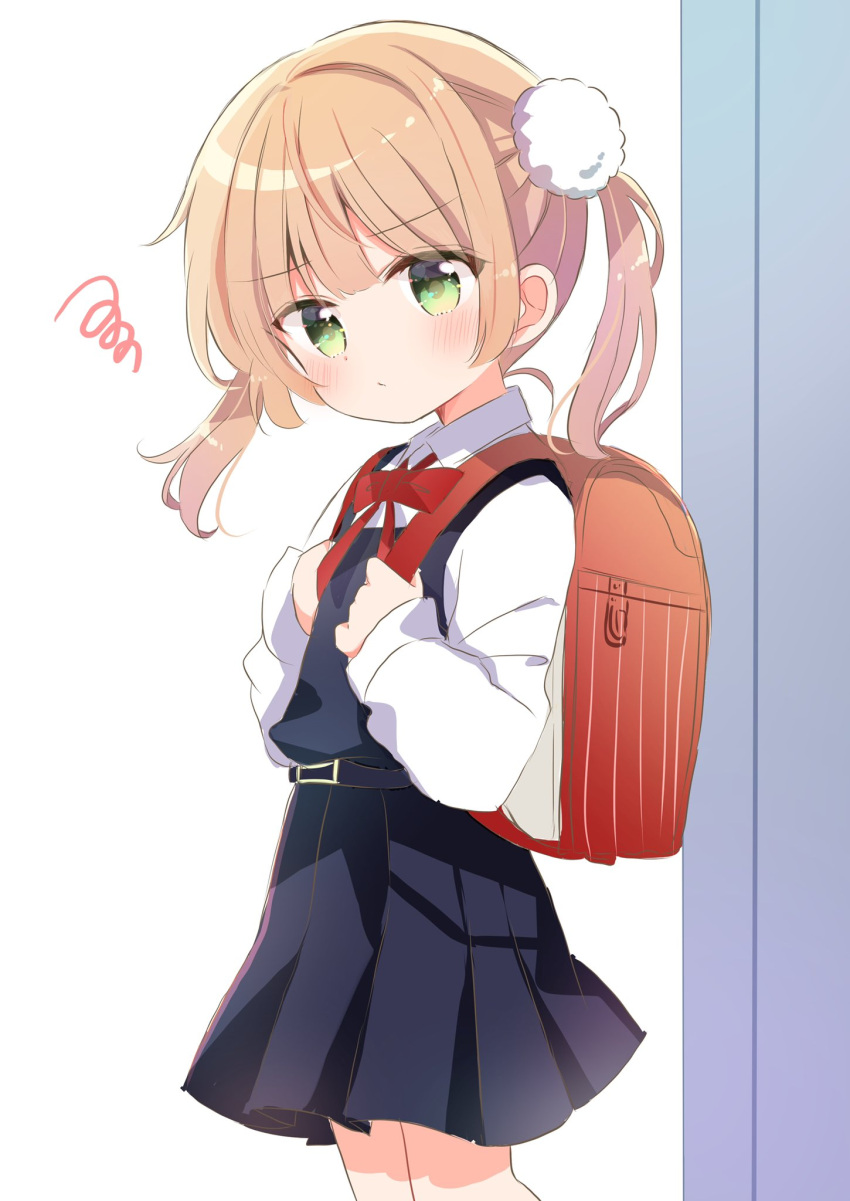 1girl, backpack, bag, belt, black_belt, blonde_hair, blue_dress, blush