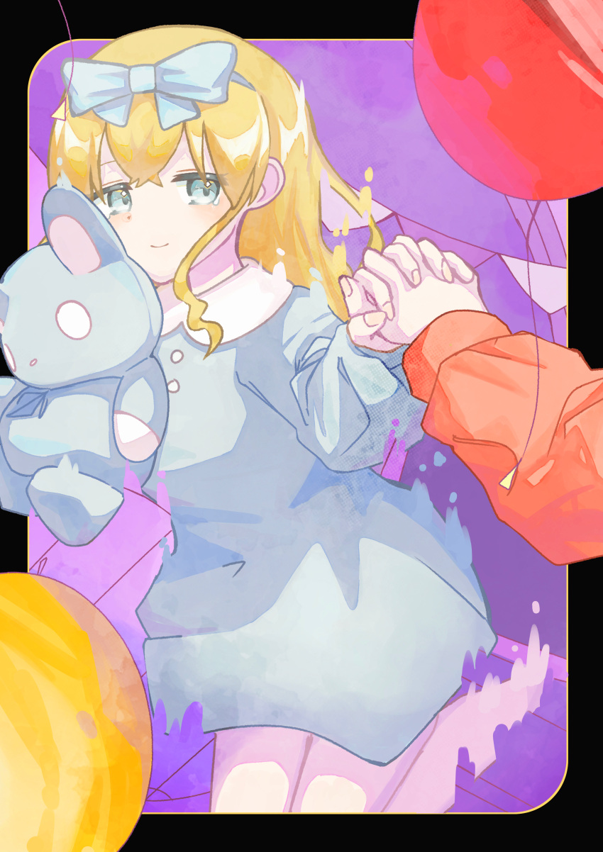 2girls, absurdres, apricot_(character)_(iyowa), balloon, blonde_hair, blue_bow, blue_eyes, blue_pajamas