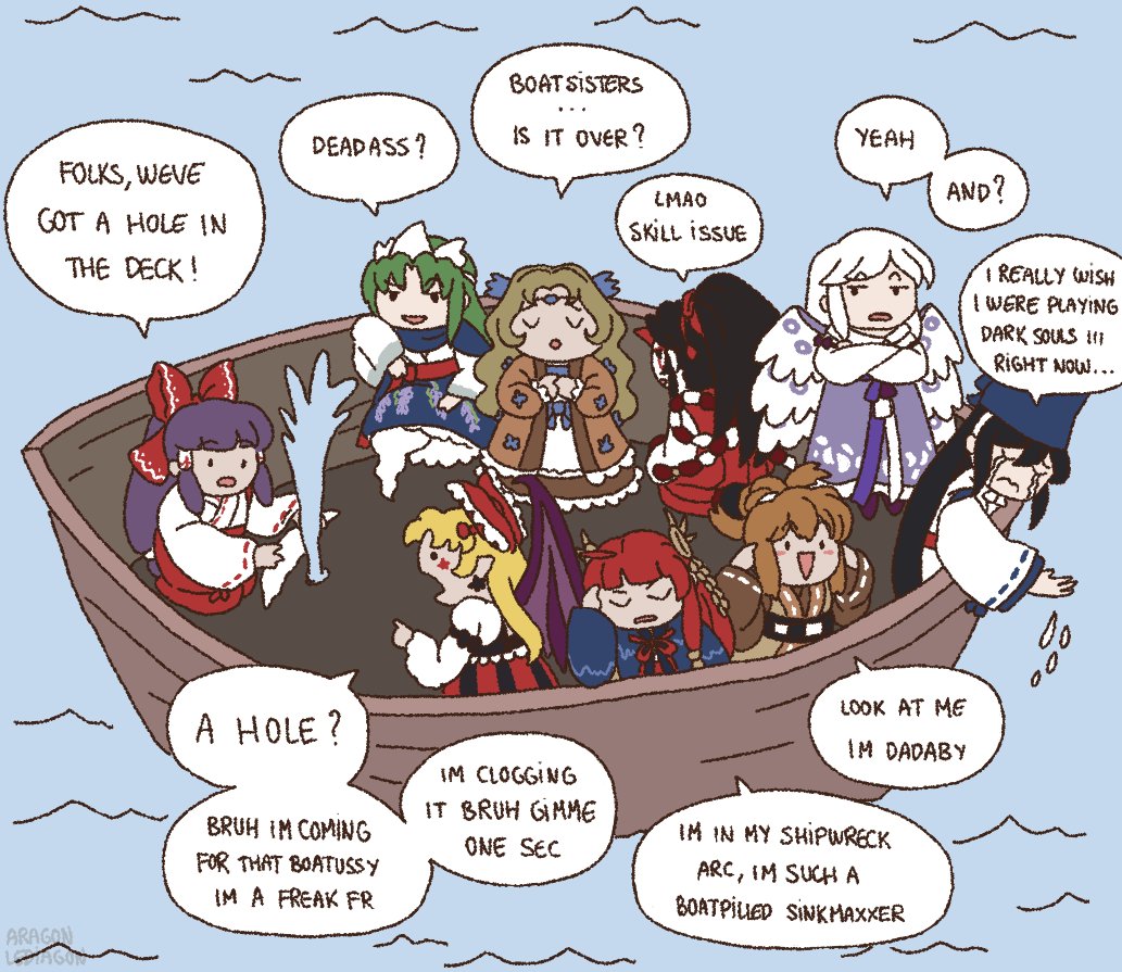 1boy, 6+girls, black_hair, blonde_hair, blue_shirt, blue_sky, blush, boat, bow, brown_coat, brown_hair, closed_eyes, closed_mouth, coat, commentary, crying, deadass_(meme), dress, elis_(touhou), english_commentary, english_text, frown, full_body, ghost_tail, green_hair, hair_between_eyes, hair_bow, hakurei_reimu, hakurei_reimu_(pc-98), hat, highly_responsive_to_prayers, it's_over_(meme), japanese_clothes, kikuri_(touhou), konngara_(touhou), long_hair, looking_at_another, medium_bangs, meme, miko, mima_(touhou), multiple_girls, multiple_wings, neck_ribbon, ocean, open_mouth, purple_hair, purple_wings, red_bow, red_ribbon, red_skirt, ribbon, ribbon-trimmed_sleeves, ribbon_trim, sariel_(touhou), shingyoku_(female), shingyoku_(male), shingyoku_(touhou), shingyokuluvr69, shirt, short_hair, skill_issue_(meme), skirt, sky, smile, streaming_tears, tate_eboshi, tears, touhou, touhou_(pc-98), water, watercraft, wavy_hair, white_dress, white_hair, white_shirt, white_wings, wings, yuugenmagan, zoomer_slang