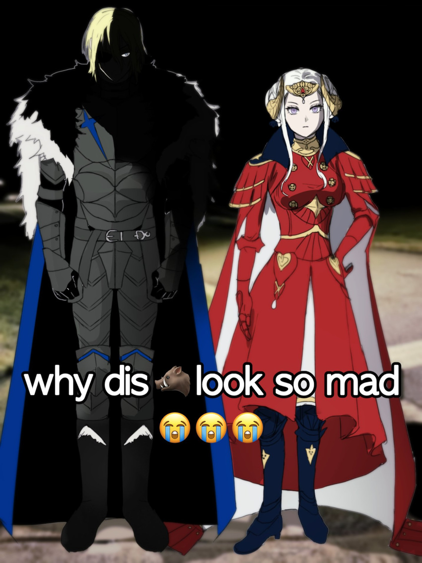 1boy, 1girl, 5gurimma, armor, belt, black_armor, black_belt, black_footwear