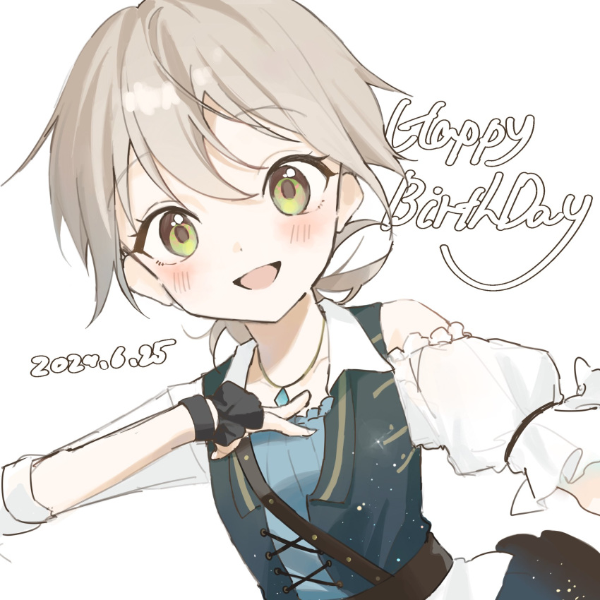 1girl, 50mochimochi, blue_shirt, blush, collared_shirt, dated, frilled_shirt, frills