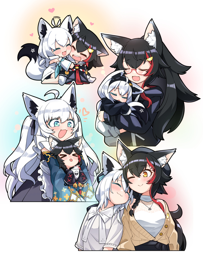 >_<, 2girls, :d, absurdres, ahoge, animal_ear_fluff, animal_ears, aqua_eyes