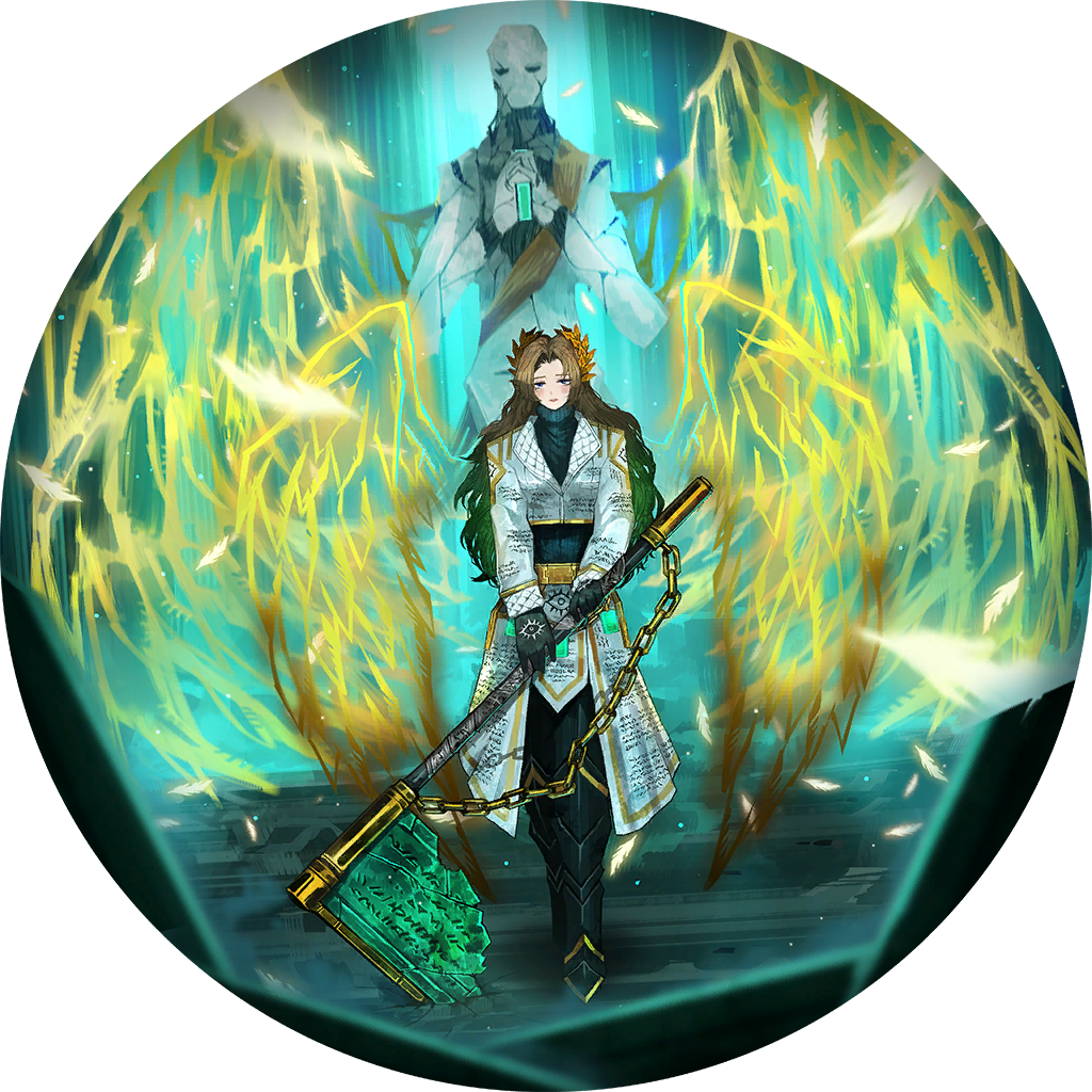 1girl, angel_wings, armor, axe, black_gloves, black_shirt, blue_eyes, brown_hair, chain, e.g.o_(project_moon), game_cg, gloves, greaves, heavenly_executor's_scribe, holding, holding_axe, jacket, laurel_crown, limbus_company, long_hair, nai_ga, official_art, project_moon, pursuance_(e.g.o), rodion_(project_moon), shirt, solo_focus, turtleneck, white_jacket, wings