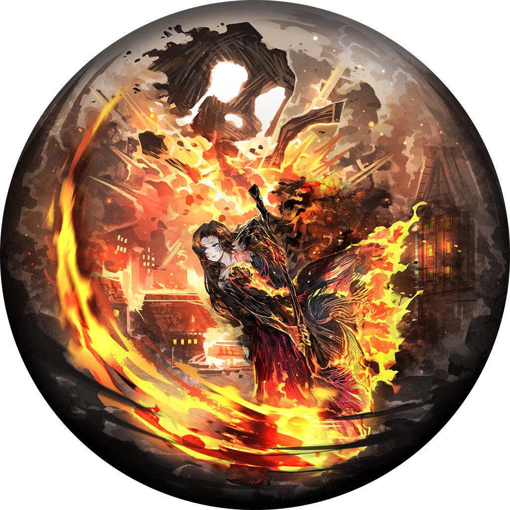 1girl, 4th_match_flame_(e.g.o), axe, black_dress, blue_eyes, brown_hair, building, burnt
