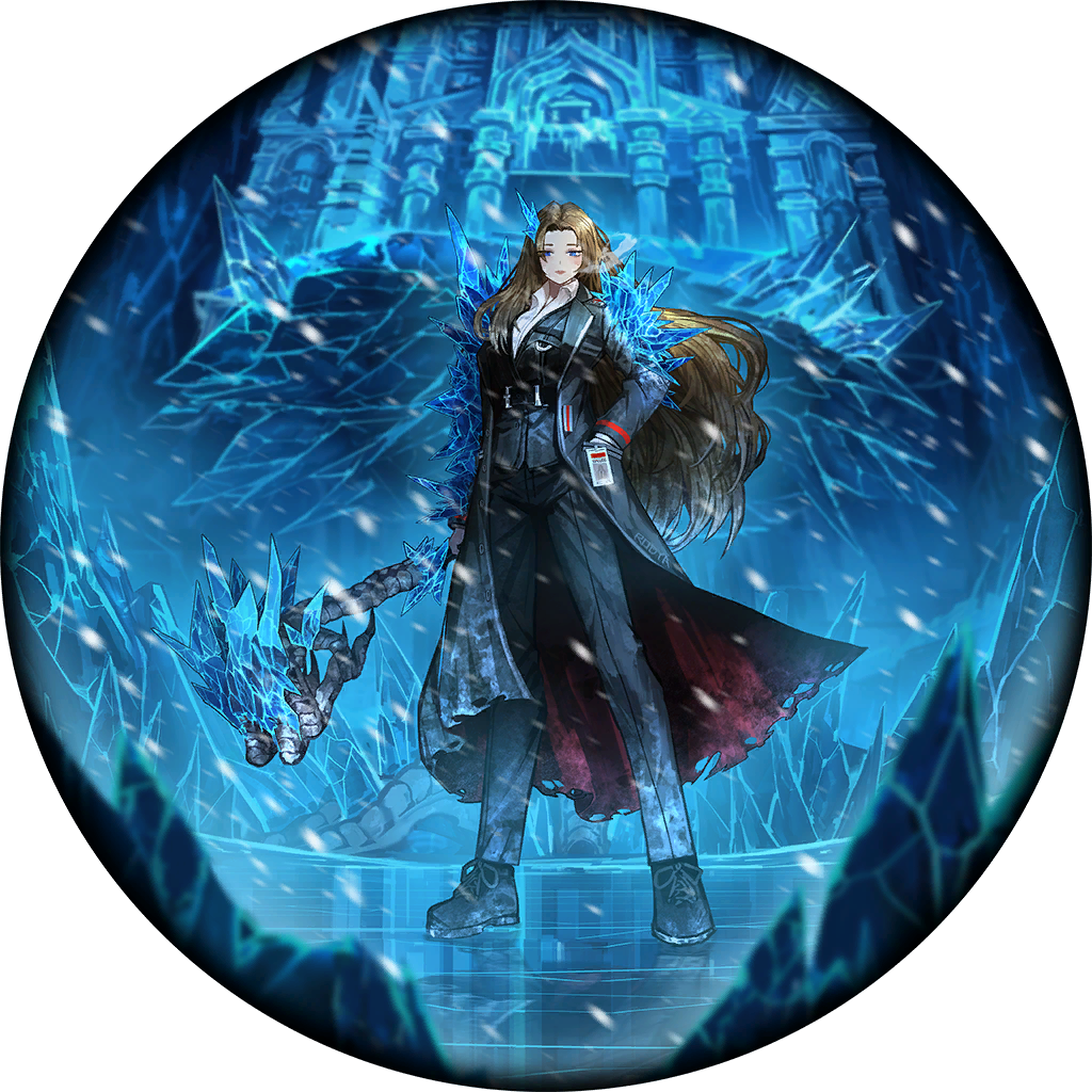1girl, baba_yaga_(project_moon), belt, black_coat, black_footwear, black_pants, black_vest, blue_eyes, brown_hair, castle, chicken_(food), chicken_leg, coat, collared_shirt, e.g.o_(project_moon), food, game_cg, ice, id_card, long_hair, nai_ga, official_art, pants, rime_shank_(e.g.o), rodion_(project_moon), shirt, shoes, solo_focus, vest, white_shirt