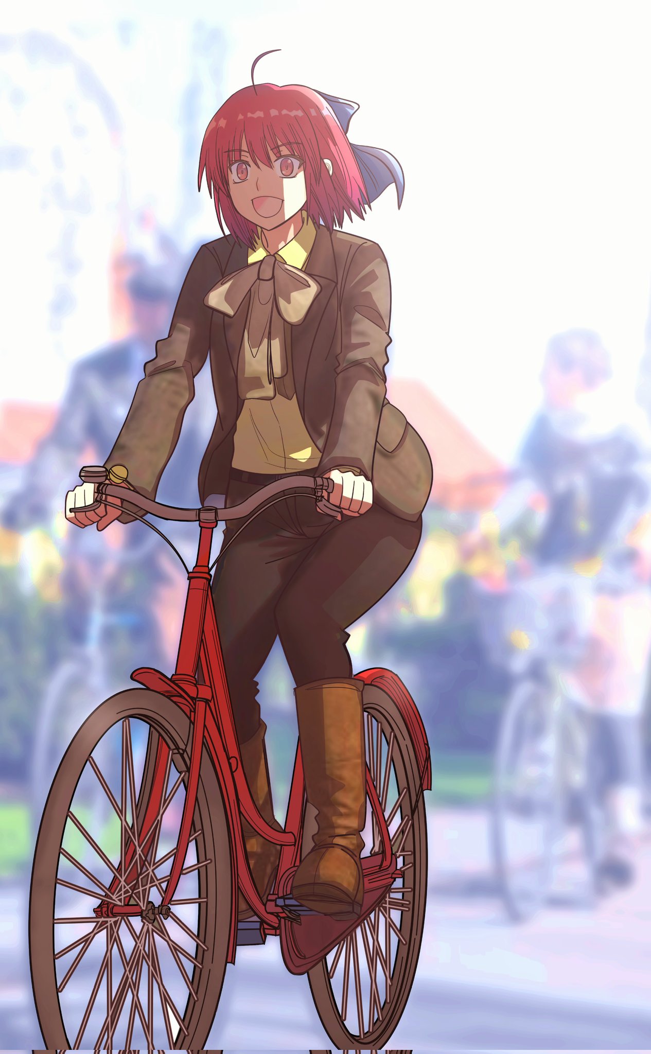 1girl, :d, ahoge, bicycle, black_pants, blurry, blurry_background, boots