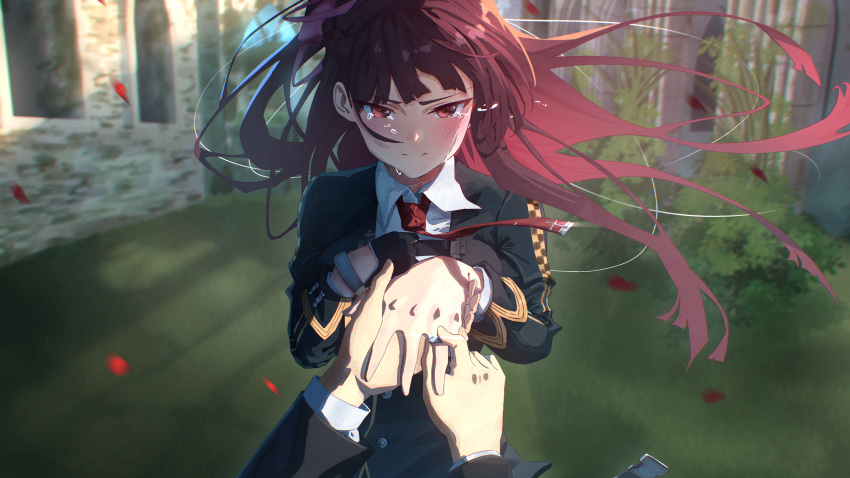 1girl, 1other, absurdres, black_gloves, black_jacket, blush, bush, closed_mouth, collared_shirt, english_commentary, floating_hair, foreshortening, girls_frontline, gloves, grass, highres, jacket, jewelry, long_hair, looking_at_viewer, necktie, pov, pov_hands, purple_hair, red_eyes, red_necktie, red_petals, ring, shidoni, shirt, single_glove, straight-on, tears, upper_body, wa2000_(girls'_frontline), wedding_ring, white_shirt