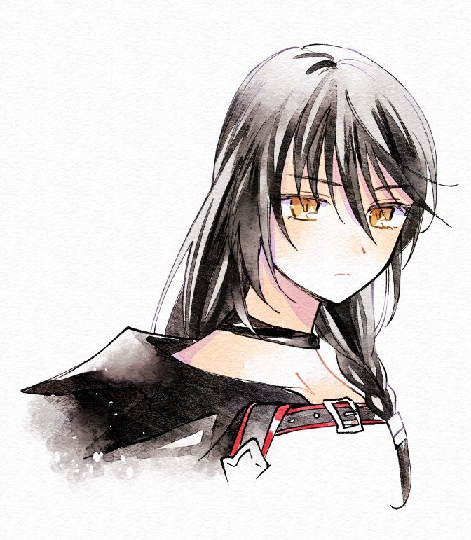 1girl, belt, black_hair, braid, commentary_request, cropped_shoulders, enoki_kino, hair_between_eyes