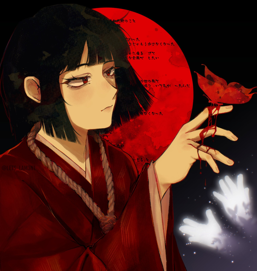 1girl, black_hair, blood, blood_on_hands, blunt_bangs, bob_cut, bug, butterfly