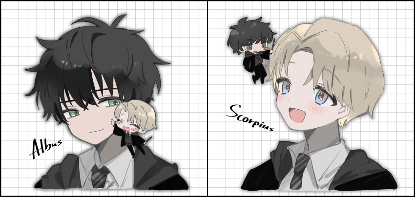 2boys, absurdres, albus_severus_potter, black_hair, black_robe, blonde_hair, blue_eyes, chibi