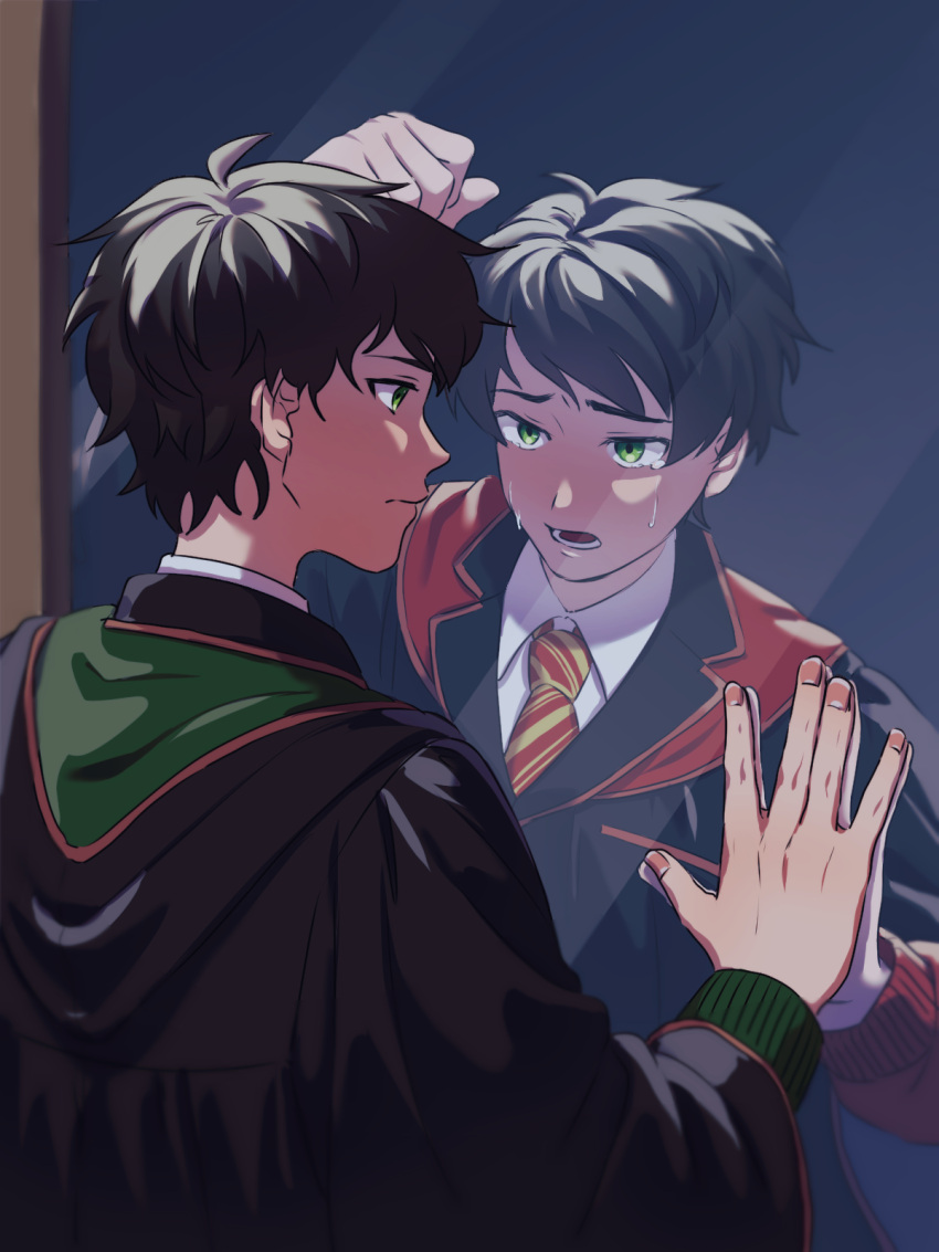 2boys, albus_severus_potter, black_hair, black_robe, different_reflection, green_eyes, gryffindor, harry_potter_(series)