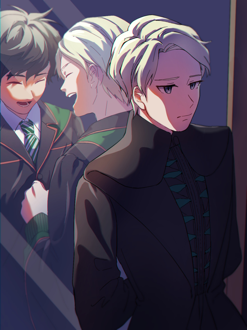 2boys, albus_severus_potter, black_hair, black_robe, blonde_hair, blue_eyes, closed_eyes, different_reflection