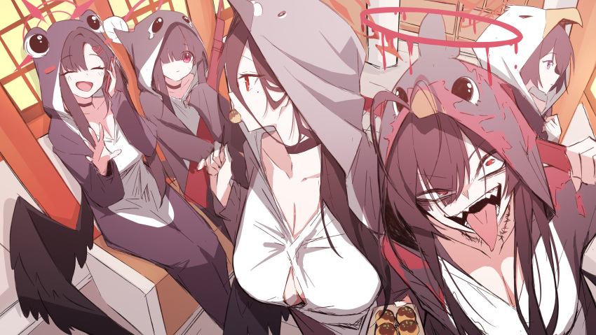 5girls, absurdres, black_hair, black_wings, blood, blood_halo, blue_archive, choker