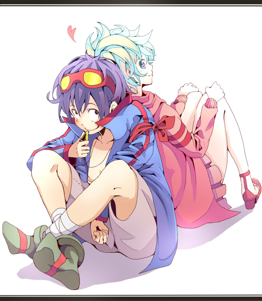 blue_hair, drill, goggles, highres, jacket, jewelry, miniskirt, necklace