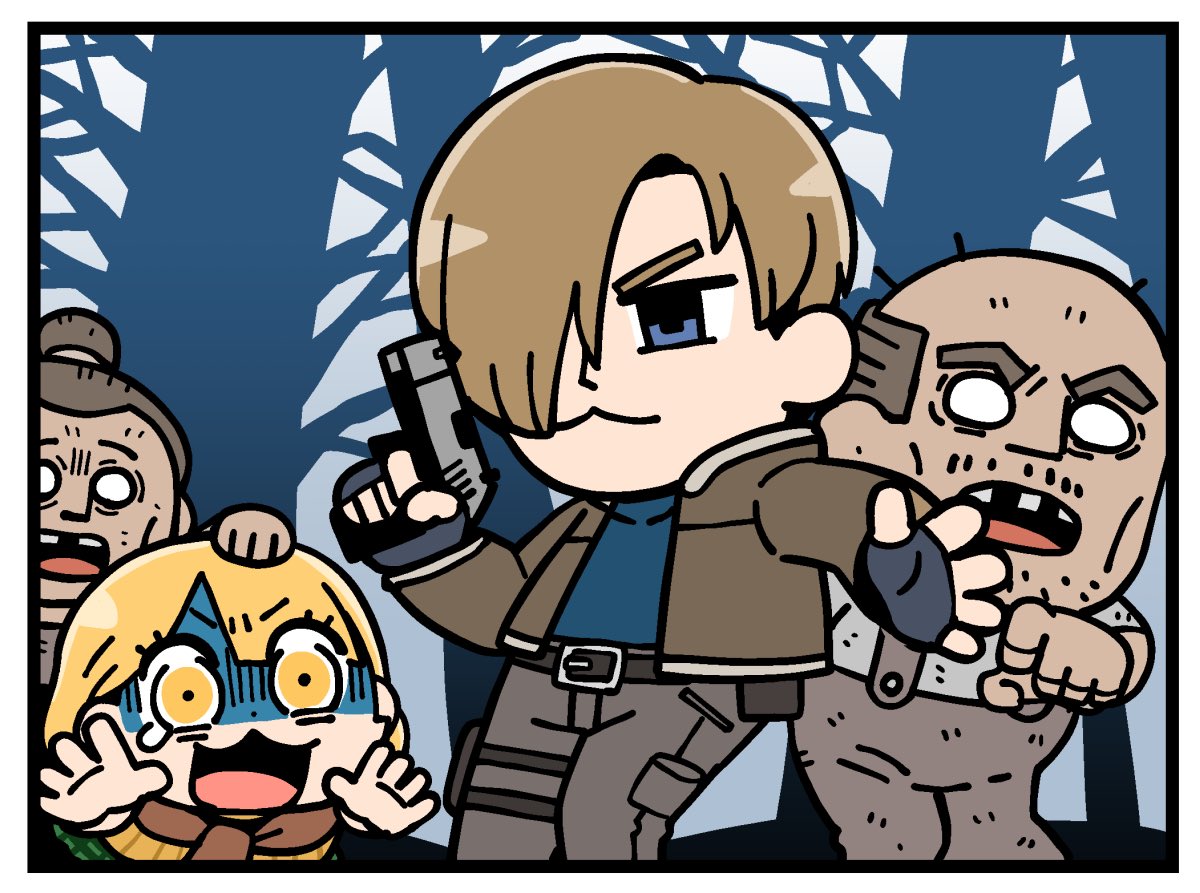 2boys, 2girls, :3, ashley_graham, belt, bkub, blonde_hair, blue_eyes