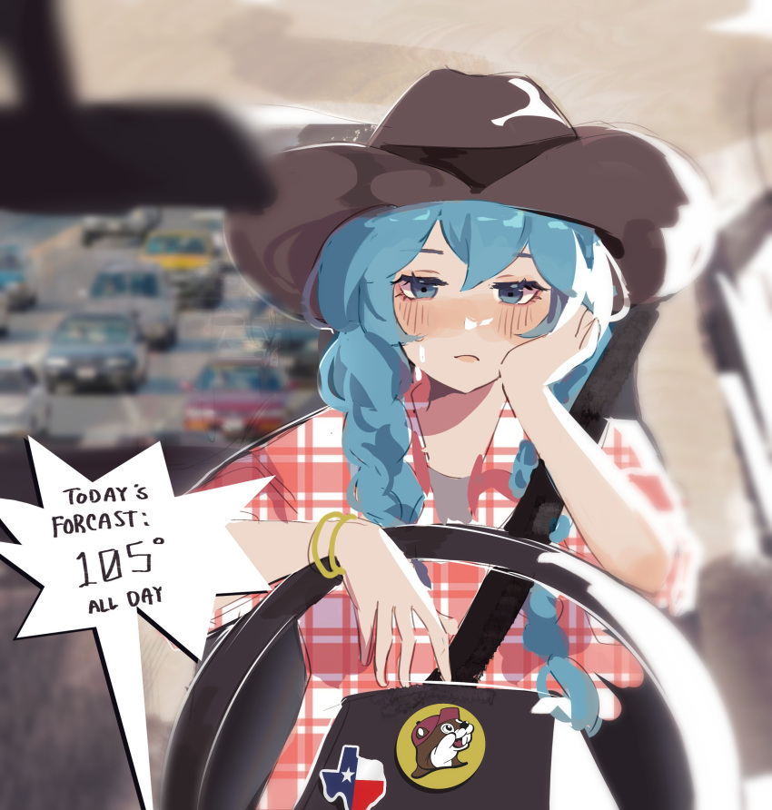 1girl, absurdres, blue_eyes, blue_hair, blurry, blush, bored, bracelet, braid, brown_hair, brown_hat, buc-ee's, buc-ee's_beaver, car, car_interior, closed_mouth, commentary, cowboy_hat, depth_of_field, english_text, hair_between_eyes, hand_on_own_cheek, hand_on_own_face, hat, hatsune_miku, highres, highway, jewelry, long_hair, looking_at_viewer, motor_vehicle, nose_blush, photo_background, plaid_clothes, plaid_shirt, rear-view_mirror, red_shirt, shirt, short_sleeves, soliloquince, solo, steering_wheel, sticker, sweat, temperature, texas, traffic, twin_braids, upper_body, vocaloid