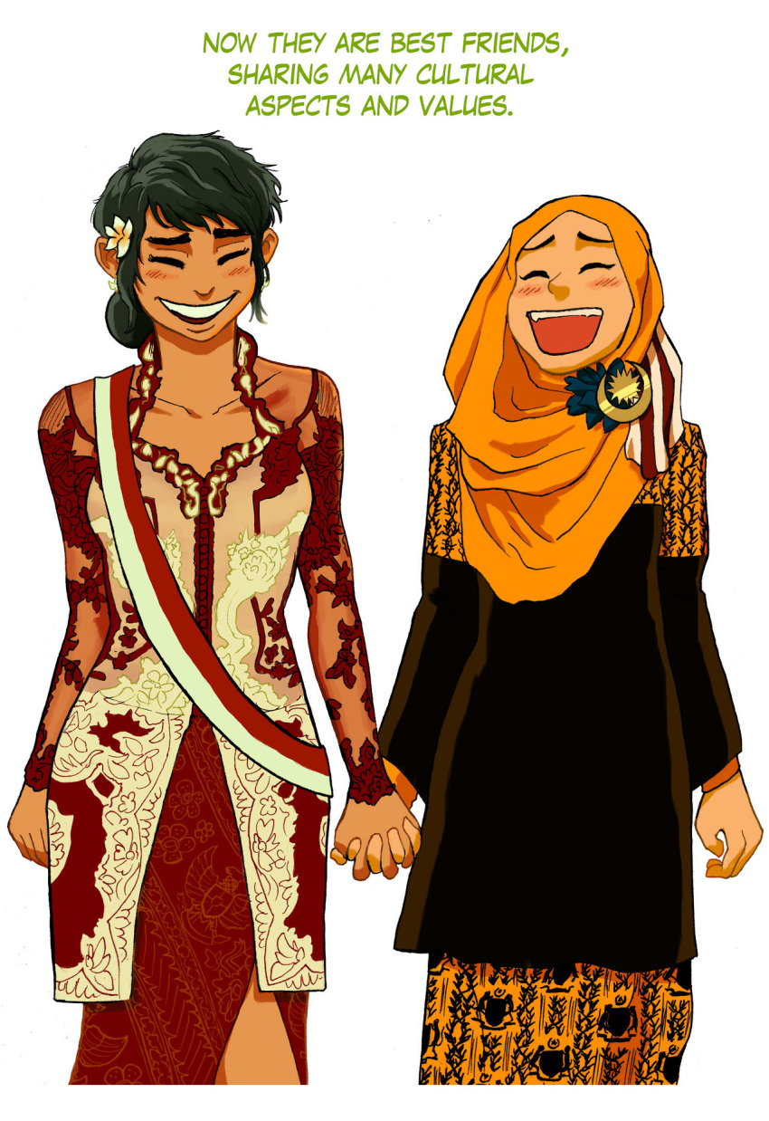 2girls, batik, blush, cannibaloranges, closed_eyes, dark-skinned_female, dark_skin, earrings