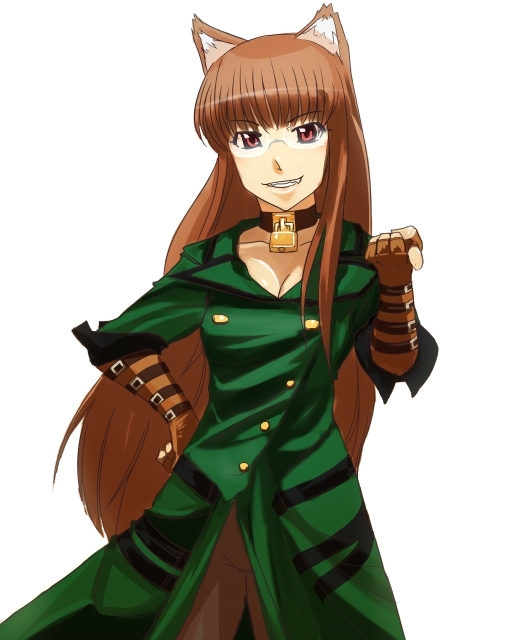animal_ears, breasts, brown_eyes, brown_hair, choker, cleavage, cosplay, fang