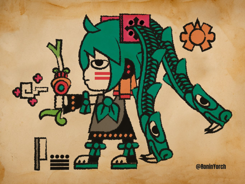 1girl, ahoge, aqua_hair, aqua_neckerchief, aztec, aztec_glyphs, black_eyes, black_skirt