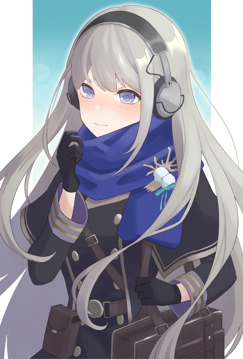 1girl, adjusting_scarf, bag, belt, belt_pouch, bkornblume, black_coat, black_dress