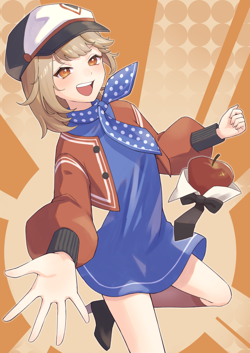 1girl, :d, apple, apple_(reverse:1999), black_bow, black_bowtie, black_footwear, blue_dress