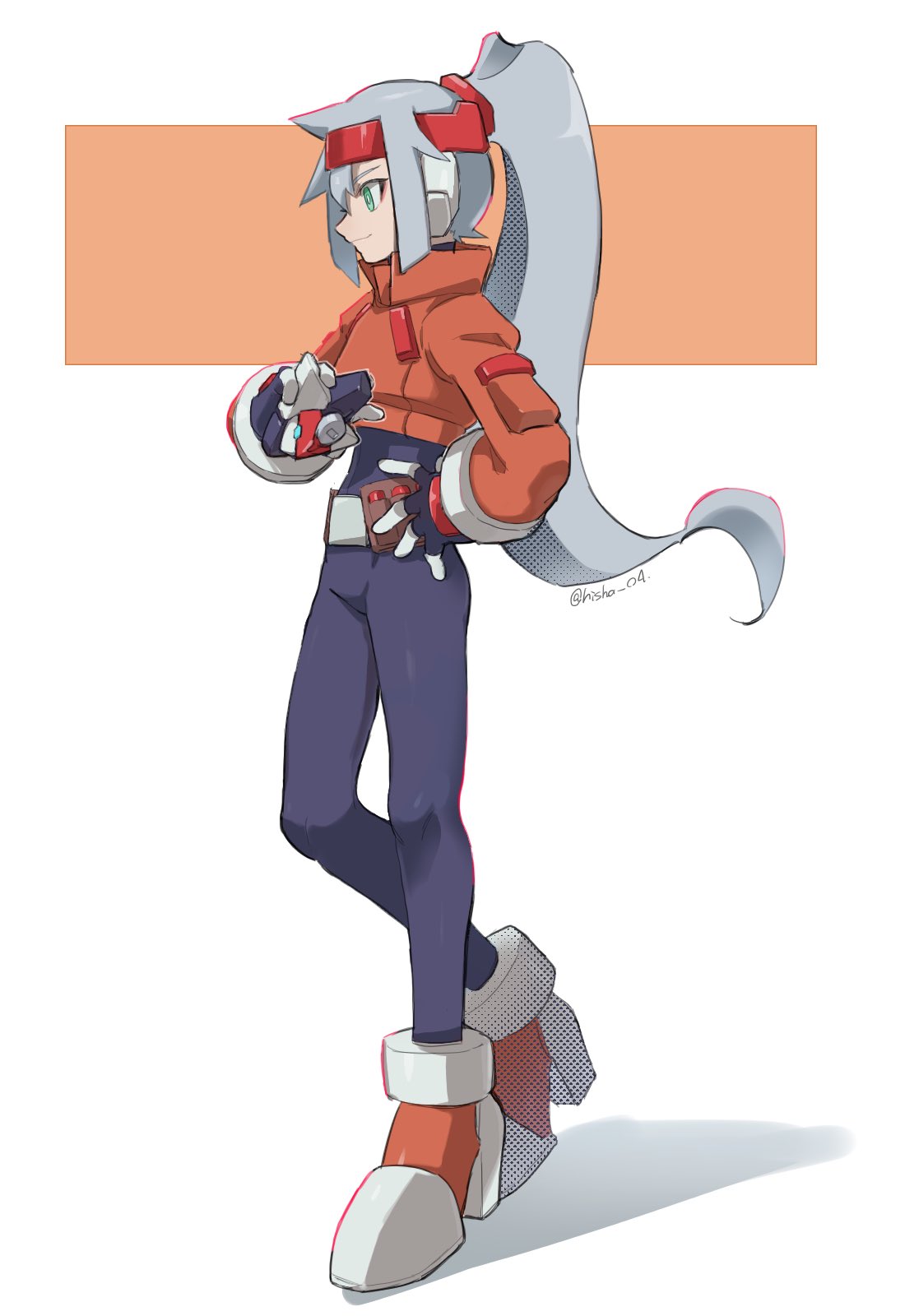 1girl, ashe_(mega_man), belt, biometal, black_bodysuit, blue_hair, bodysuit, bodysuit_under_clothes, cropped_jacket, from_side, full_body, hand_on_own_hip, headband, high_ponytail, highres, jacket, light_blue_hair, long_hair, mega_man_(series), mega_man_zx, mega_man_zx_advent, model_a_(mega_man), orange_footwear, orange_jacket, profile, red_headband, solo_focus, standing, vani_(hisha_04)