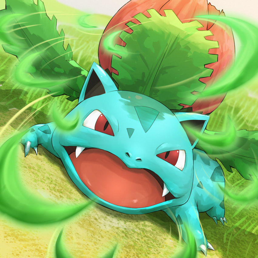 absurdres, fangs, grass, highres, ivysaur, looking_at_viewer, no_humans, open_mouth, pokemon, pokemon_(creature), razor_leaf_(pokemon), red_eyes, slit_pupils, solo, spicyichizo