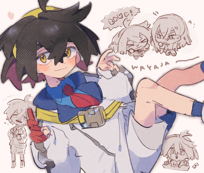 >_<, 1boy, 1girl, anger_vein, black_hair, blue_shirt, blue_socks, blush