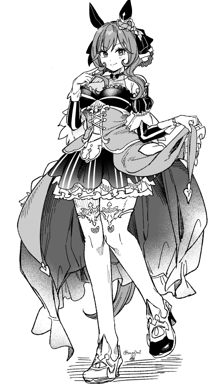 1girl, animal_ears, asymmetrical_footwear, braided_hair_rings, breasts, clothes_lift, dress, dress_lift