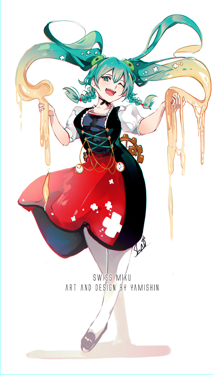 1girl, apron, artist_name, black_dress, blue_eyes, blue_hair, cheese, commentary, dress, english_commentary, food, food-themed_hair, full_body, hatsune_miku, highres, looking_at_viewer, multicolored_hair, one_eye_closed, open_mouth, red_apron, simple_background, smile, solo, swiss_clothes, swiss_flag, twintails, vocaloid, white_background, yamishinofficial