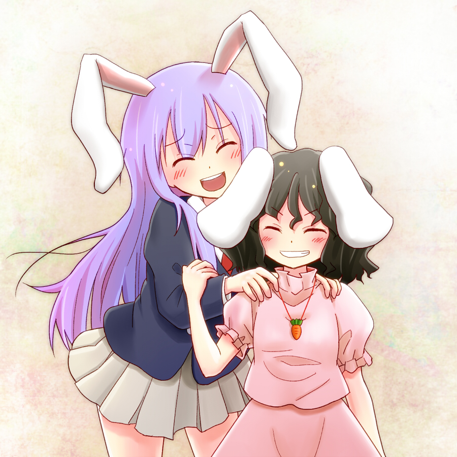 animal_ears, brown_hair, bunny_ears, closed_eyes, grin, hands_on_shoulders, inaba_tewi, itaru_(moritari), long_hair, morioka_itari, multiple_girls, purple_hair, reisen_udongein_inaba, short_hair, smile, touhou