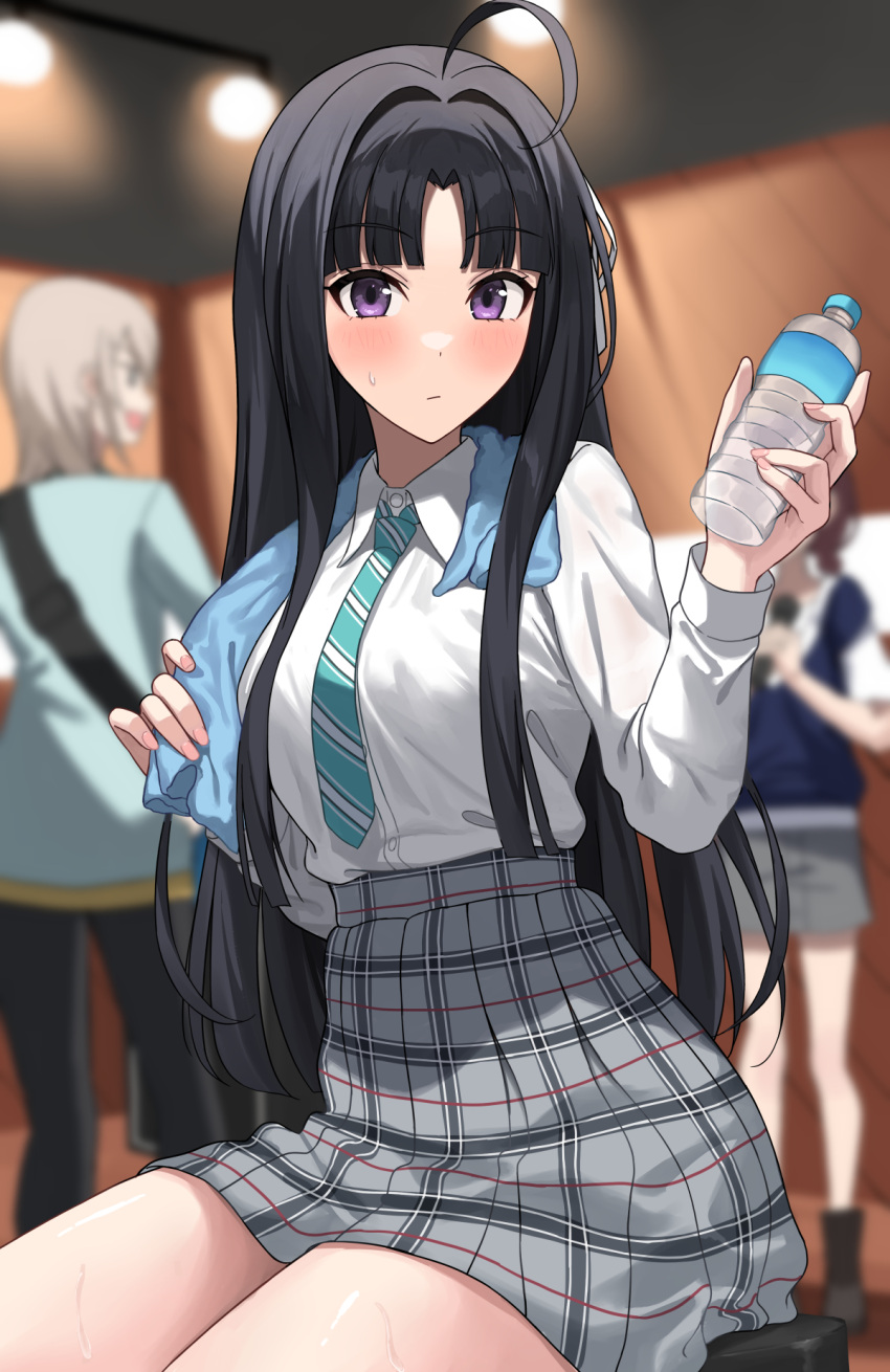 3girls, ahoge, aqua_necktie, awa_subaru, black_hair, black_pants, blue_shirt, blue_sweater_vest, blurry, blurry_background, bottle, brown_hair, closed_mouth, collared_shirt, commentary_request, diagonal-striped_clothes, diagonal-striped_necktie, dress_shirt, fuyutuji, girls_band_cry, grey_hair, grey_skirt, hair_ribbon, highres, holding, holding_bottle, holding_microphone, indoors, iseri_nina, kawaragi_momoka, long_hair, long_sleeves, looking_at_viewer, microphone, multiple_girls, necktie, open_mouth, pants, parted_bangs, plaid_clothes, plaid_skirt, ribbon, school_uniform, shirt, short_hair, short_sleeves, sidelocks, sitting, skirt, standing, striped_clothes, sweat, sweatdrop, sweater_vest, towel, violet_eyes, white_ribbon, white_shirt