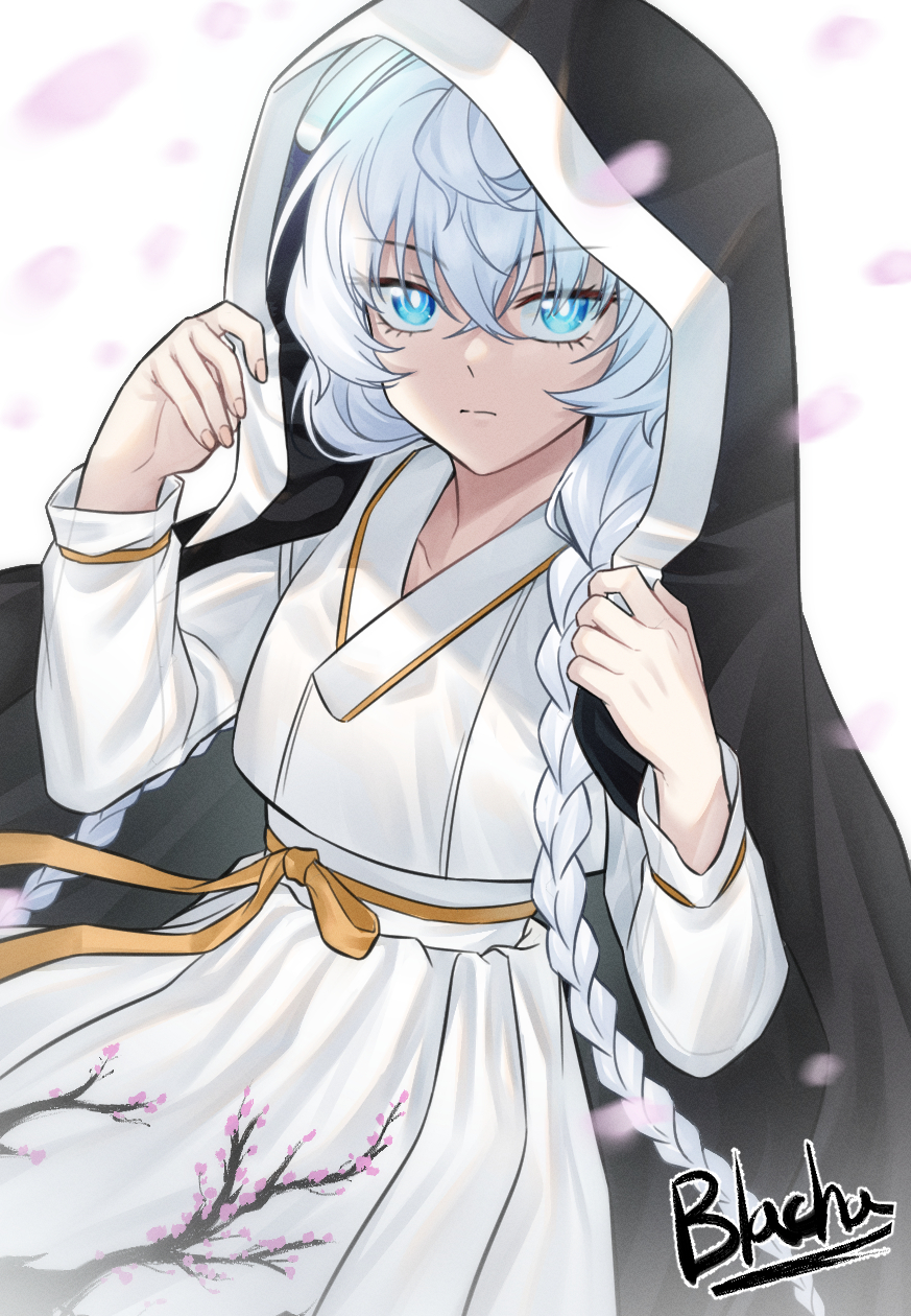 1girl, alternate_costume, artist_name, blacha_(dkskek157), black_veil, blue_eyes, blurry, braid, branch_print, bright_pupils, closed_mouth, commentary, counter:side, crossed_bangs, depth_of_field, dress, falling_petals, glowing, glowing_eyes, hair_between_eyes, hand_up, headgear, highres, horizon_(counter:side), light_frown, long_hair, long_sleeves, looking_at_viewer, petals, ribbon, solo, twin_braids, veil, waist_ribbon, white_background, white_dress, white_hair, white_pupils, yellow_ribbon