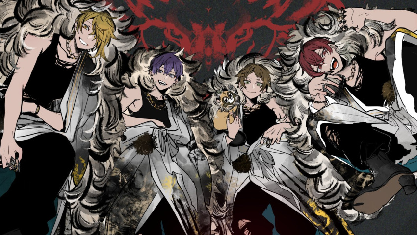 4boys, :d, aho_no_sakata, animal_on_shoulder, bead_bracelet, beads, black_background, black_footwear
