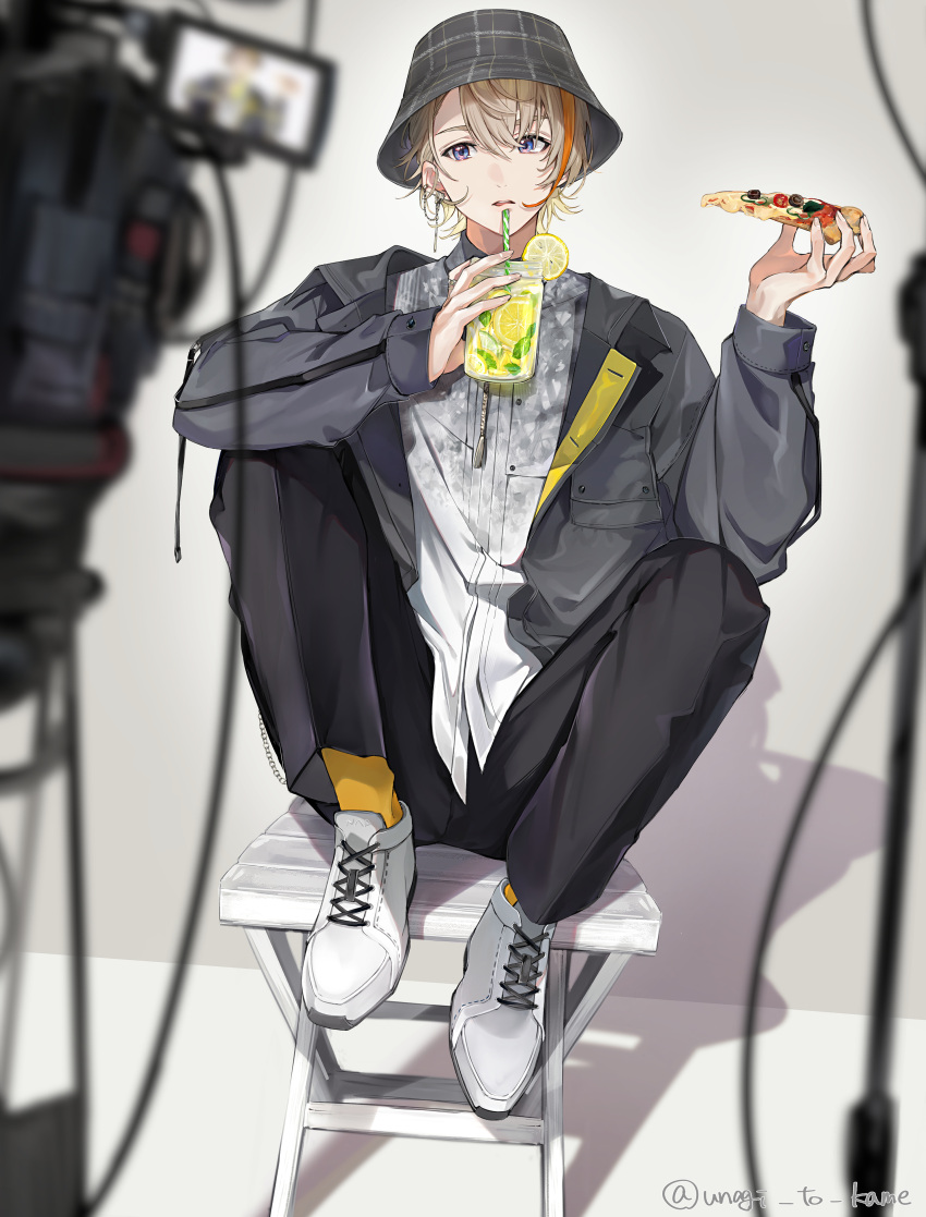 1boy, absurdres, backdrop, black_hat, black_jacket, black_pants, blonde_hair, blue_eyes