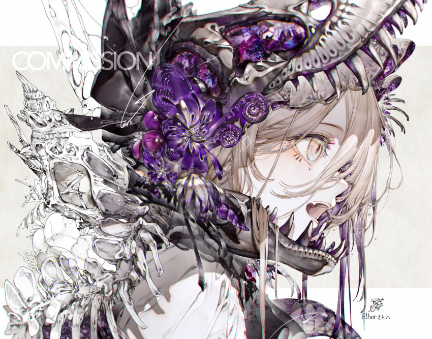 1girl, animal_skull, animal_skull_ornament, blonde_hair, dress, fangs, fangs_out, flower