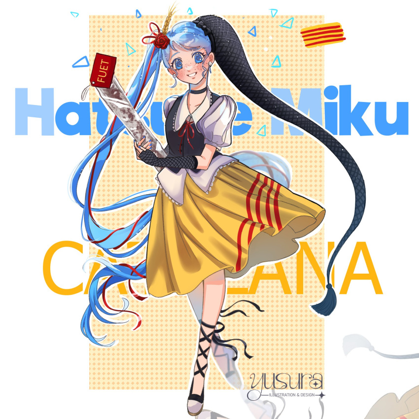1girl, black_vest, blue_eyes, blue_hair, catalan_flag, commentary, english_commentary, full_body
