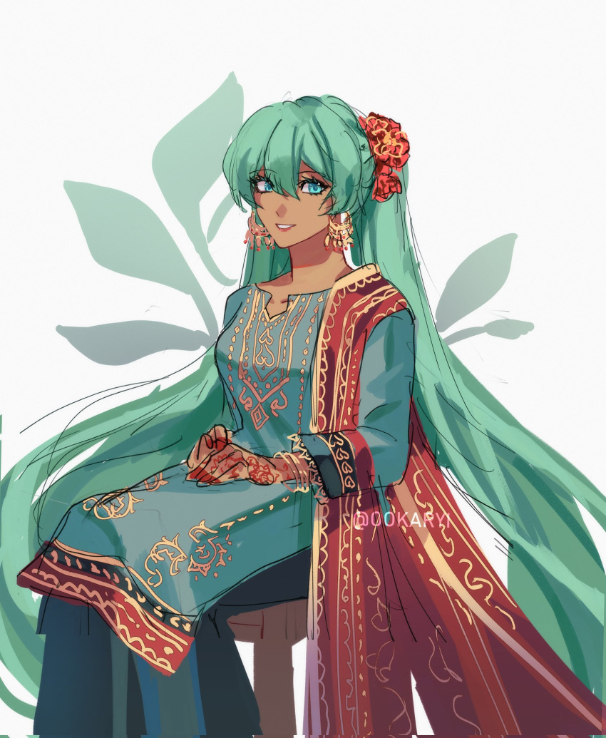 1girl, aqua_dress, aqua_hair, bangladeshi_clothes, bangladeshi_flag, chair, commentary, corrupted_twitter_file, dress, english_commentary, hatsune_miku, highres, long_hair, long_sleeves, on_chair, ookaryi, simple_background, sitting, smile, solo, twintails, very_long_hair, vocaloid, white_background