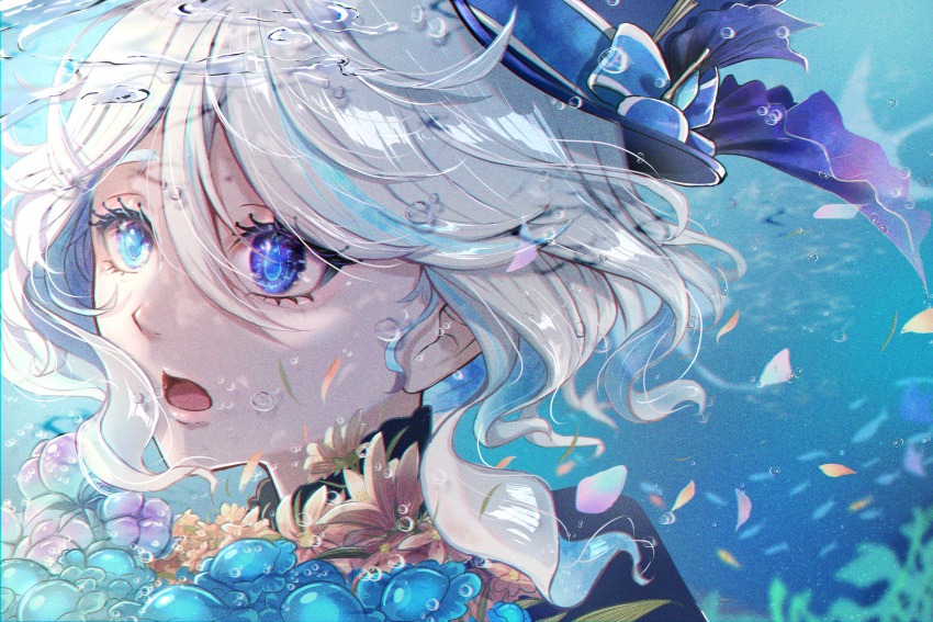 1girl, air_bubble, azukimaru, blue_bow, blue_eyes, blue_flower, blue_hair, blue_hat