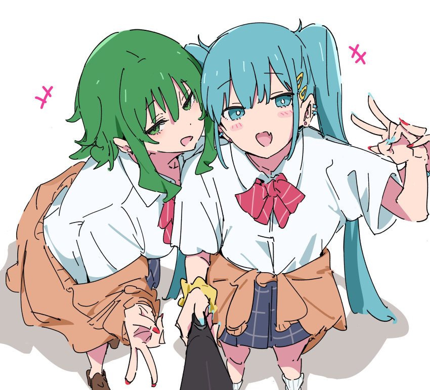+++, 2girls, absurdres, aqua_eyes, aqua_hair, aqua_nails, atenaba, blue_skirt