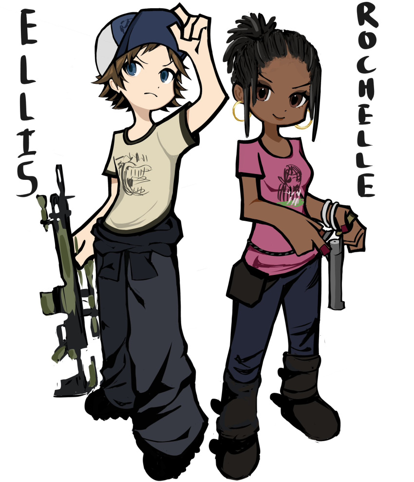 1boy, 1girl, baseball_cap, black_footwear, brown_hair, closed_mouth, commentary, dark-skinned_female, dark_skin, earrings, ellis_(left_4_dead), english_commentary, full_body, grey_pants, gun, hat, highres, holding, holding_gun, holding_weapon, hoop_earrings, jewelry, left_4_dead, left_4_dead_2, orcayne, pants, panty_&amp;_stocking_with_garterbelt, parody, pink_shirt, red_nails, rochelle_(left_4_dead), shirt, simple_background, smile, standing, style_parody, weapon, white_background