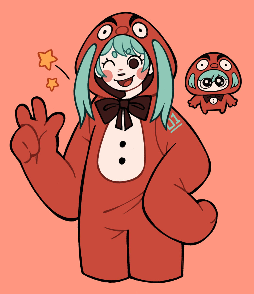 1girl, aqua_eyes, blush_stickers, bow, bowtie, brown_bow, brown_bowtie, brown_hair, character_costume, commentary, cosplay, english_commentary, gabibbo, gabibbo_(cosplay), hatsune_miku, highres, italian_miku, long_hair, looking_at_viewer, moldingwall, real_life, red_background, simple_background, smile, standing, twintails, v, vocaloid, w