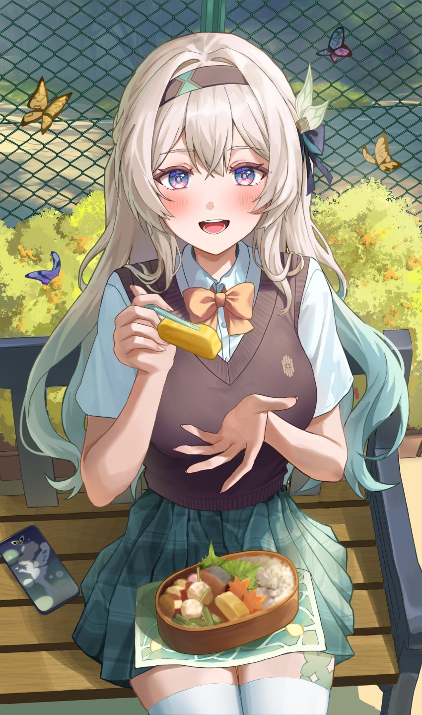 1girl, :d, alternate_costume, aqua_hair, aqua_skirt, bench, bento, black_headband